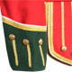 Red Piper Doublet with Green Facing and Gold Trim 3 button cuff detail