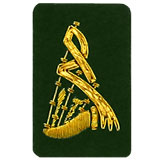 Hand Embroidered gold wire on green cloth bagpipes insignia badge