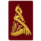 Hand Embroidered gold wire on red cloth bagpipes insignia badge
