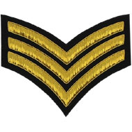 Embroidered Gold wire on black cloth 3 Stripe Chevron Sergeant insignia badge