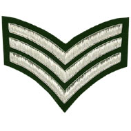 Embroidered silver wire on green cloth 3 Stripe Chevrons Sergeant insignia badge