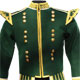 Green piper doublet with scrolling gold braid trim and 18 button zip front