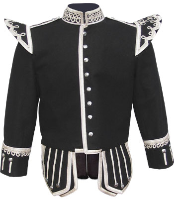Black piper doublet with fancy scrolling gold braid trim